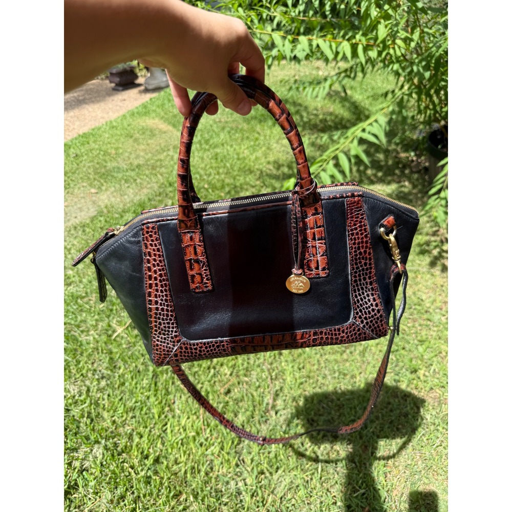 Brahmin Satchel Handbag Black Brown Croc Embossed Leather Crossbody Bag‎ Gold